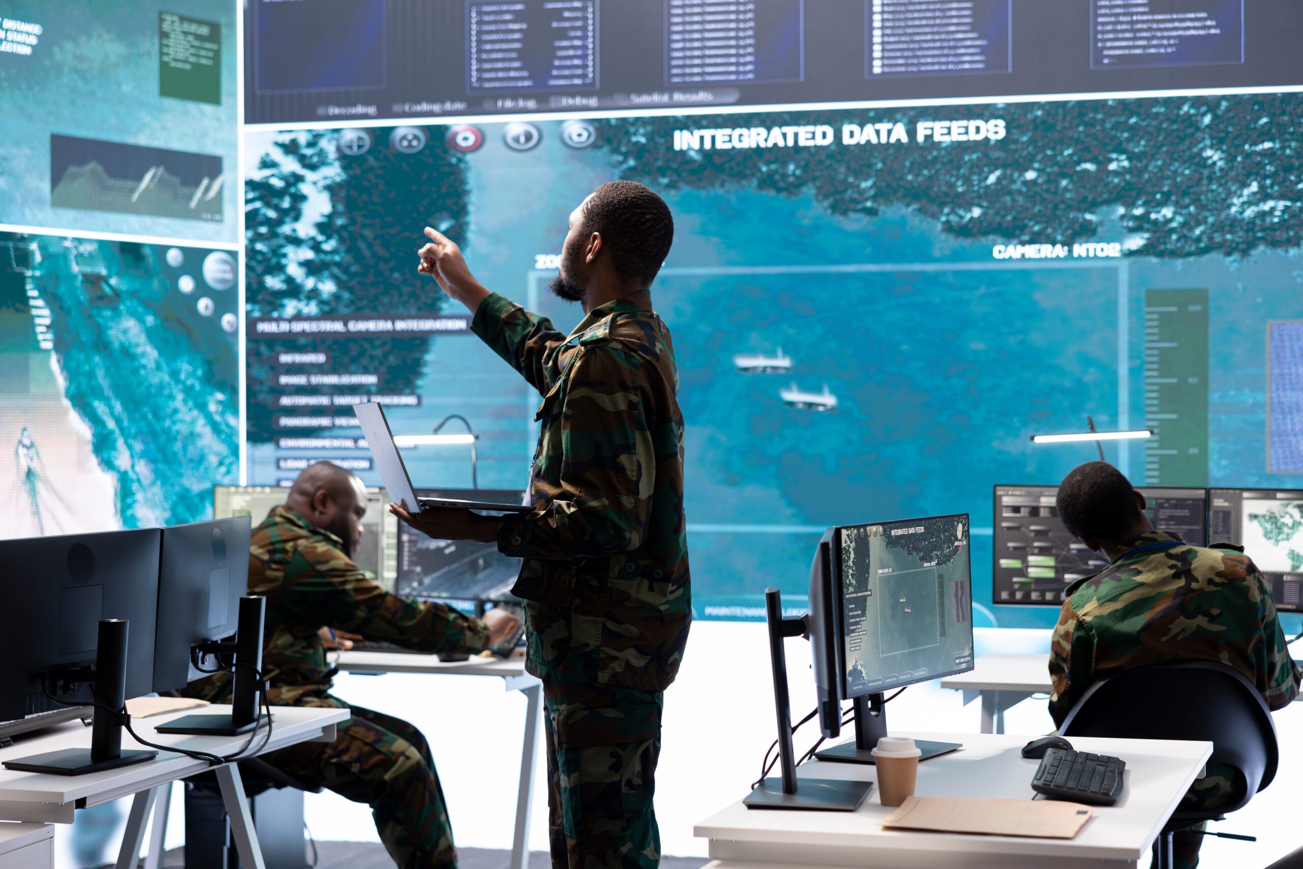 United States military control tower office with the American flag